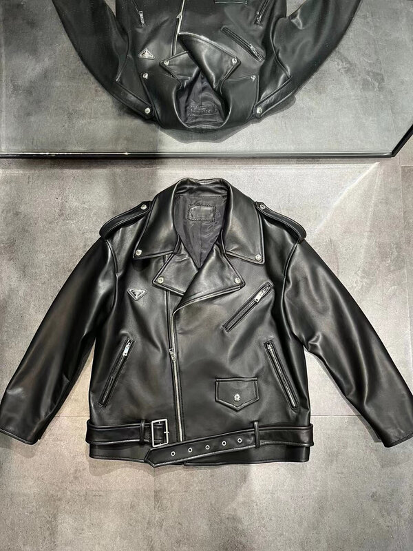 女性のシープスキンコート,本革,大きくてカジュアルなオートバイのウェア,用途の広い服,新しいコレクション2024