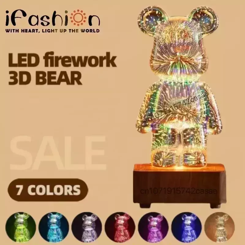 Proyección de luz nocturna de oso de fuegos artificiales 3D, atmósfera USB colorida, atenuación, decoración decorativa para sala de estar, vidrio 3D, dormitorio de fuegos artificiales