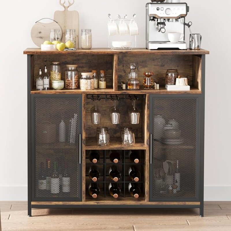 خزانة تخزين مع رف نبيذ وشماعات زجاجية ، مناسبة لخزانة البار الخشبية في المطبخ وغرفة المعيشة