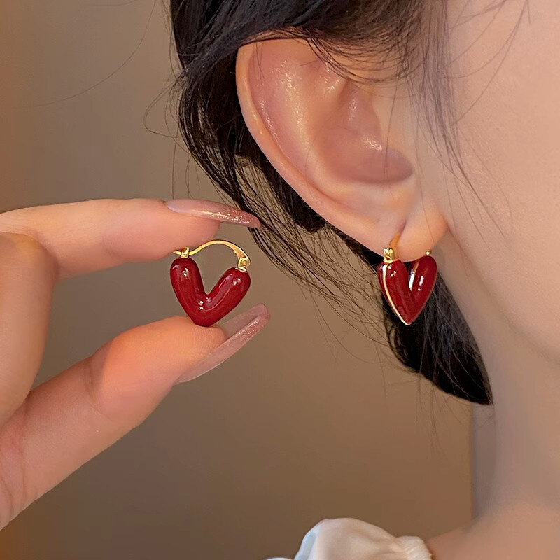 Francuski romantyczny wino czerwone emaliowane wisiorek w kształcie serca kolczyki moda biżuteria dla kobiet akcesoria uszne