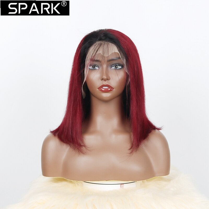 SPARK T1B/99J prosty Bob czerwony bordowy peruki z krótkim bobem 13x4 koronkowe peruki z przodu dla damskie ludzkie włosy przezroczystej koronki 180% gęstości