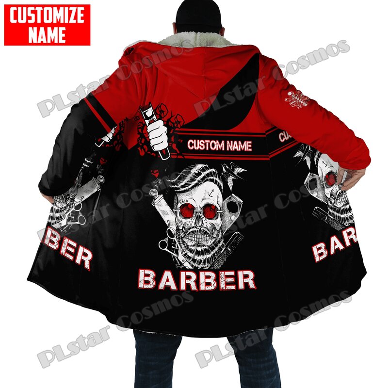 Winter Fashion Mens Cloak Personalized Name Barber 3D Printed Fleece Hooded cloak Unisex Casual Thick Warm Cape coat PJ10