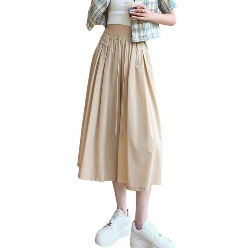 Celana ringan tahan lama wanita, celana panjang olahraga modis kulot A-line kaki lebar pinggang tinggi dengan tali serut