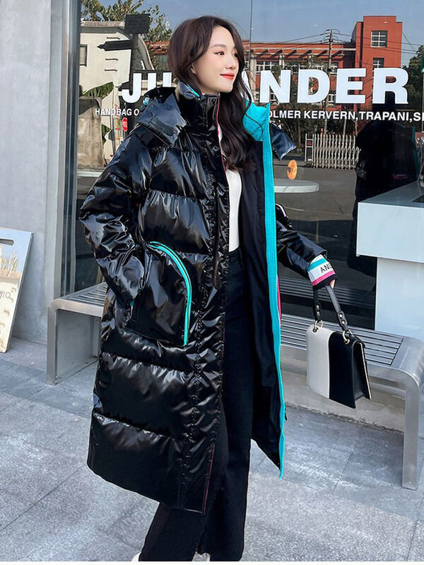 Mantel salju Parka mengilap wanita, jaket panjang bertudung longgar tahan angin hangat tahan hujan musim dingin 2023