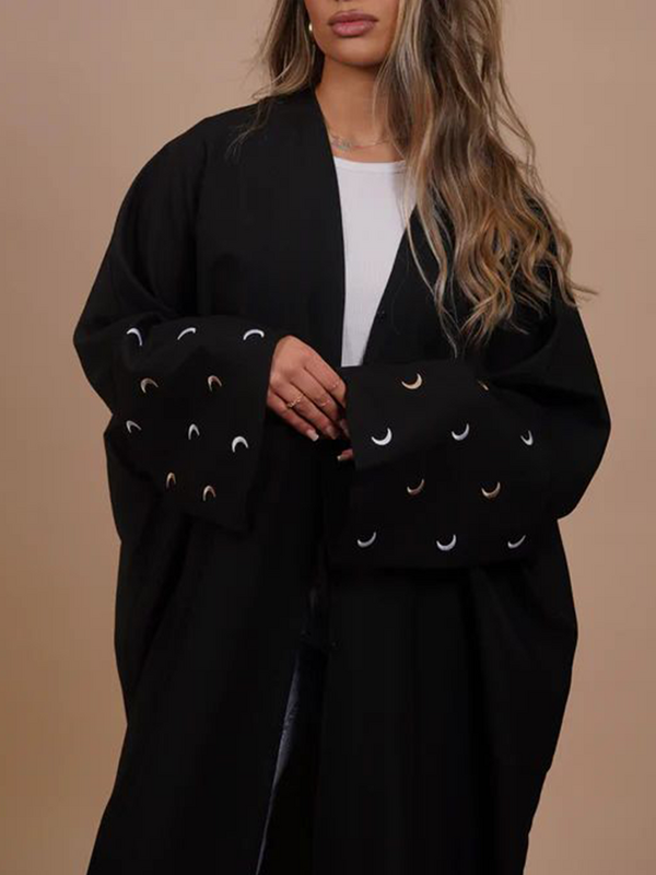Haft księżyc Abaya z luźnym rękawy typu nietoperz ramadanem dla kobiet 2024 lniana szata z otwartym kimonem z designem serca islamska odzież damska