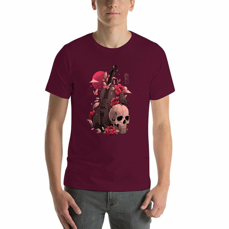 T-shirt de algodão extragrande para homens, Morte e Música Cello crânio, dom mal, camisa de suor liso, novo