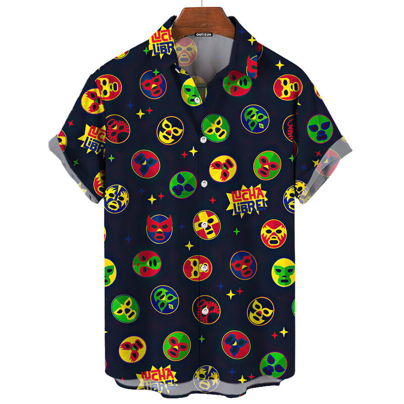 เสื้อฮาวายเสื้อเชิ้ตผู้ชายพิมพ์ลายหน้ากาก3D สำหรับผู้ชาย, เสื้อฮาวายลำลองใส่ไปทะเลเสื้อโอเวอร์ไซส์2024ใหม่