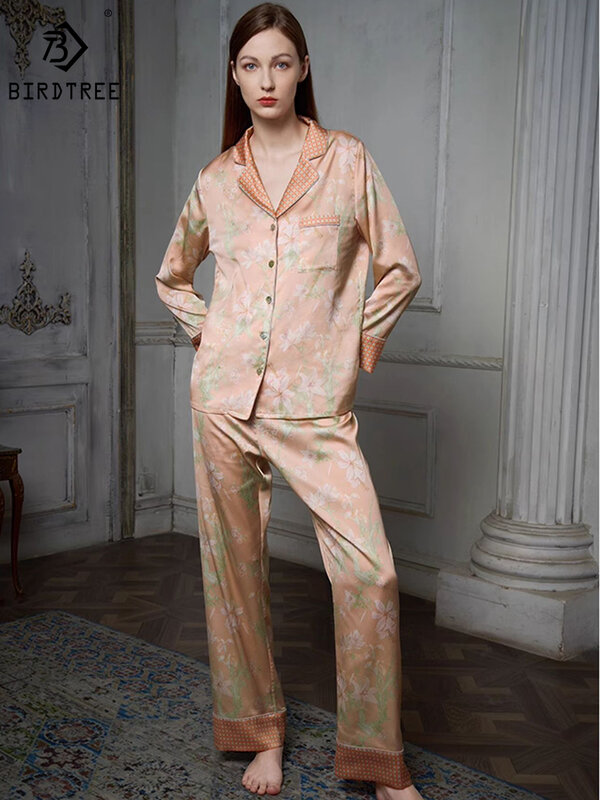 Birdtree-100 % Conjunto de pijama de seda real para mulheres, lapela, manga comprida, calça, doce, respirável, conforto, suave, loungewear, outono, novo, S41446QD