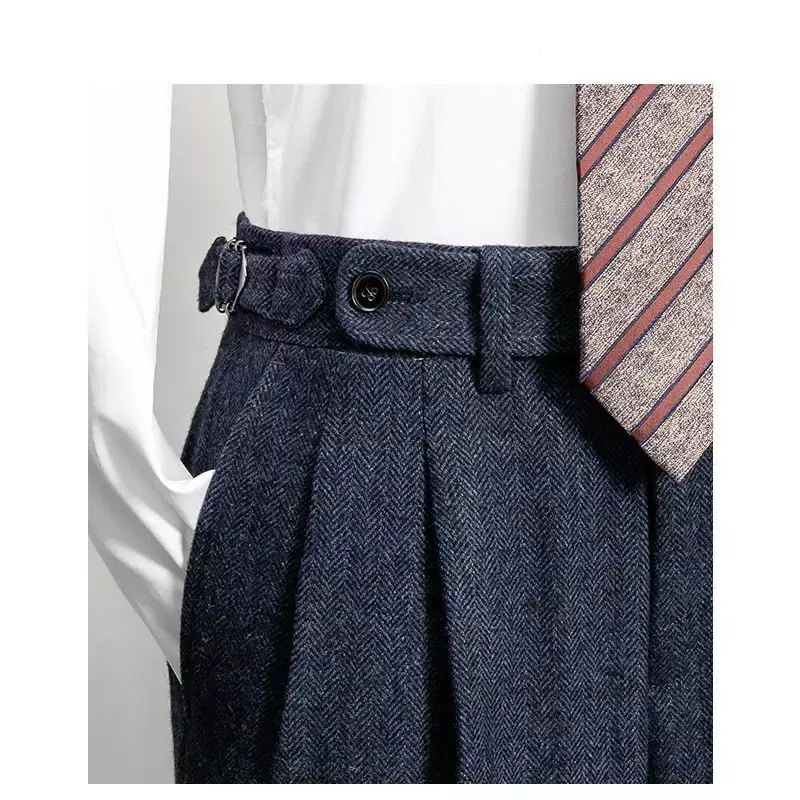2024 Men's Autumn Winter New High Waist Woolen Trousers Male Tweed Business Casual Pants Men Long Formal Straight Pants H336