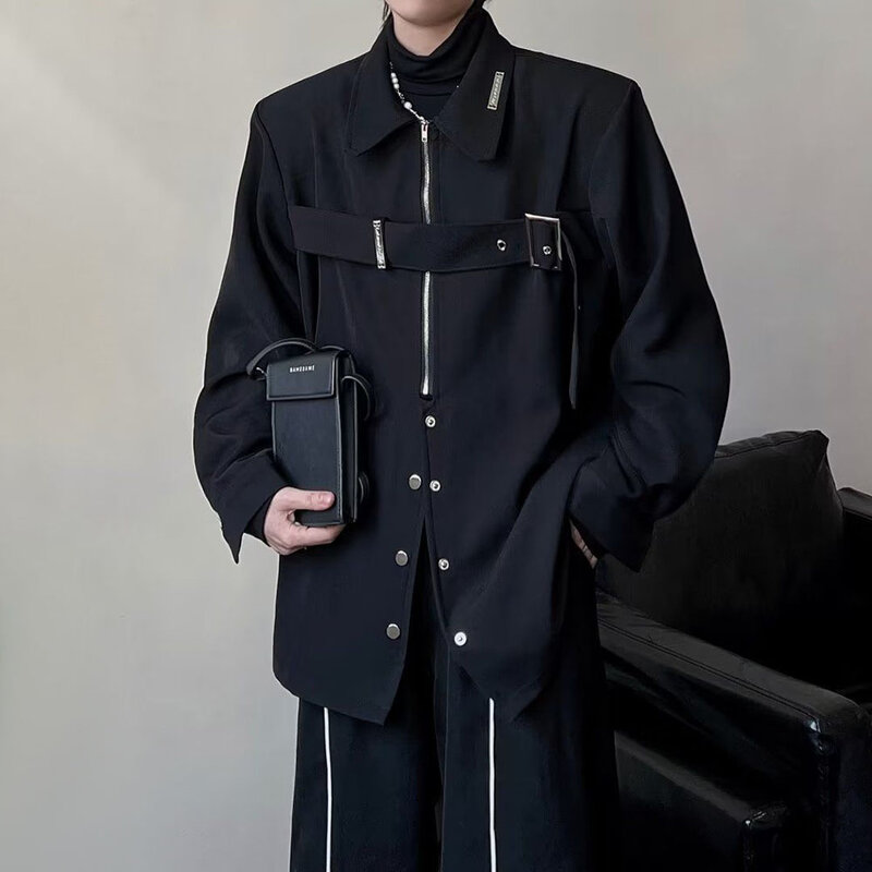 Bezgenderowa mroczny styl Top 2024 nowy unikalny projekt wysokiej jakości koszula na co dzień męska metalowy zamek błyskawiczny koszula Unisex z długimi rękawami