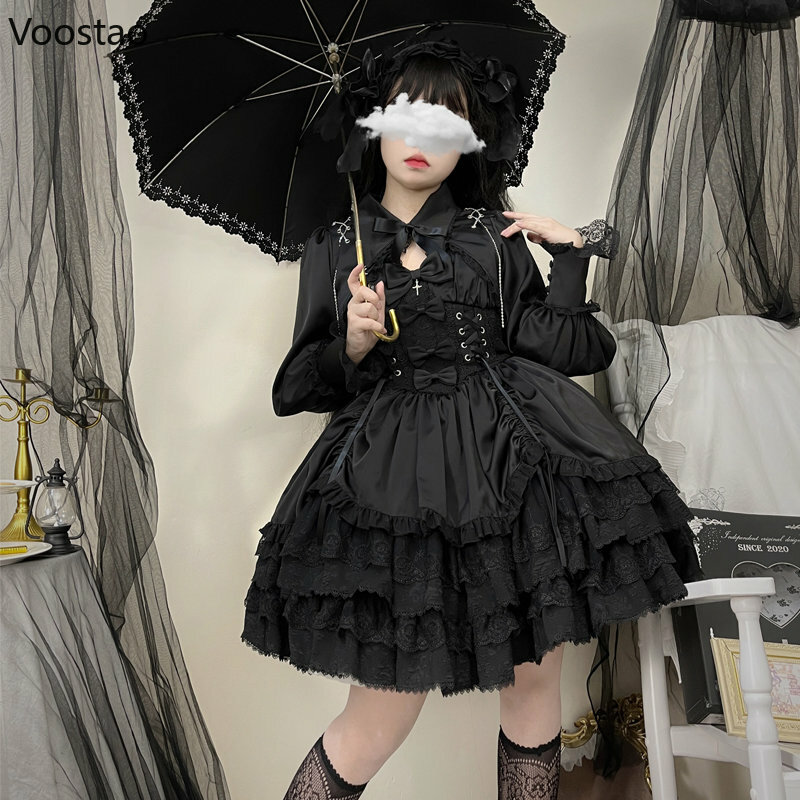 Vestido Lolita gótico vintage para mulheres, Bandagem Slim Victorian Punk, Vestidos de festa princesa, Meninas Cute Metal Cross Bow, Vestido de noite