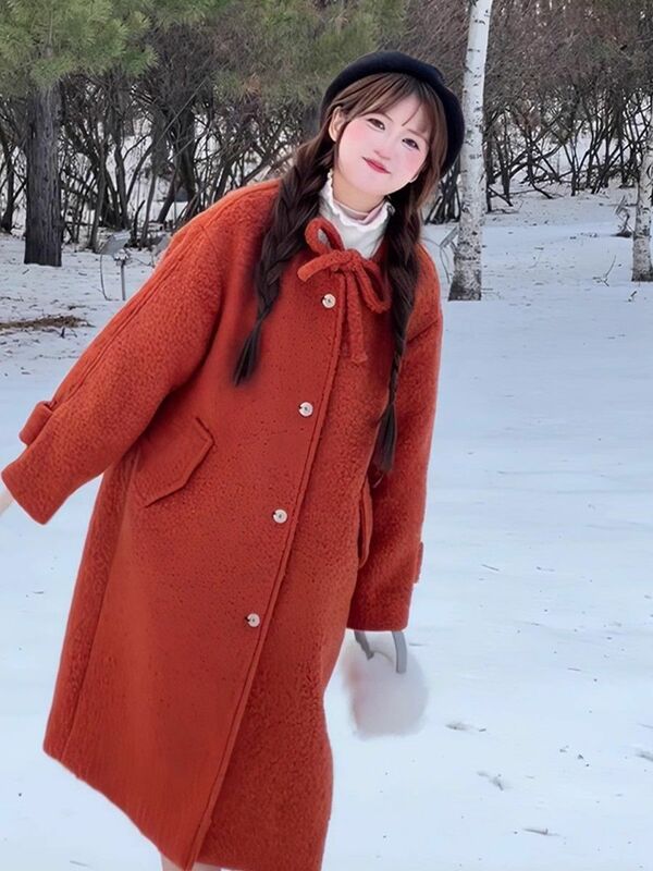 Abrigo largo de lana roja para mujer, chaqueta cálida de invierno, abrigo Kawaii
