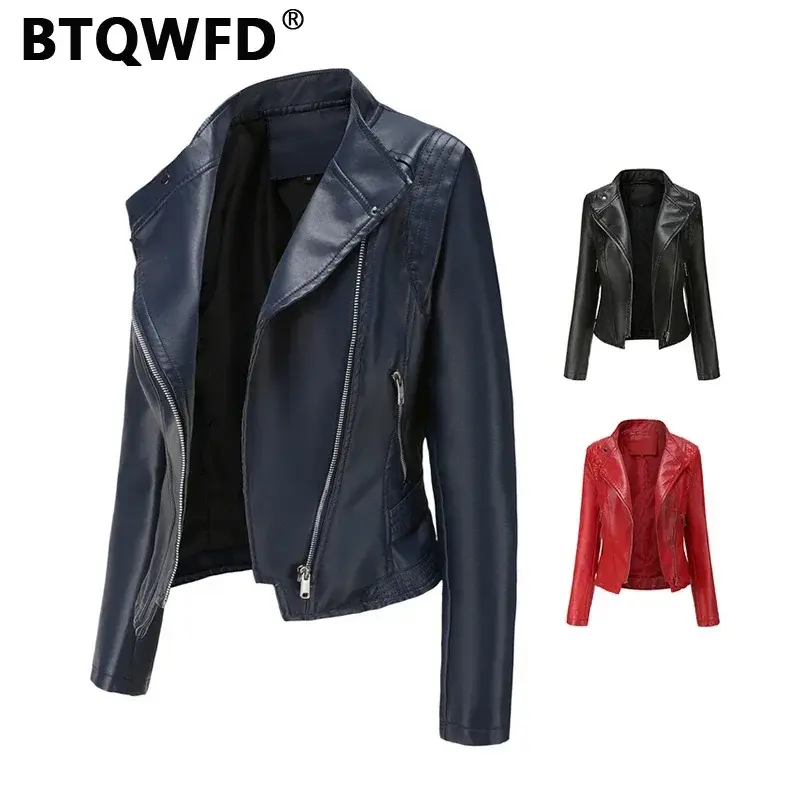 BTQWFD-Jaqueta de motociclista de couro PU de manga comprida feminina, gola virada para baixo, casaco motor, sólido, roupas femininas, moda, outono, 2023