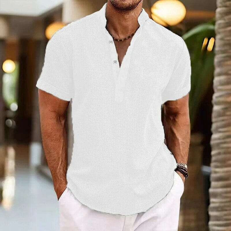 Summer New Men's Tie Dyed Retro Short sleeved Standing Neck Casual Henley Shirt Top