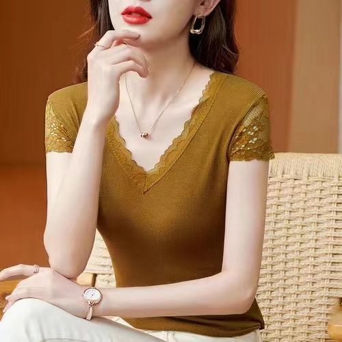 Women Summer Casual Ice shreds Appear thin Solid color Lace V-neck short sleeve T-Shirt women clothes Simplicity All-match tops