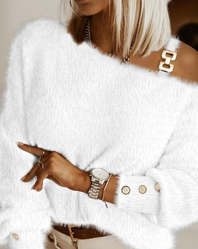 Pullover neue Mode heiß verkaufen Frauen Herbst/Winter Langarm Knopf Design kalte Schulter flauschiges Top für Wärme
