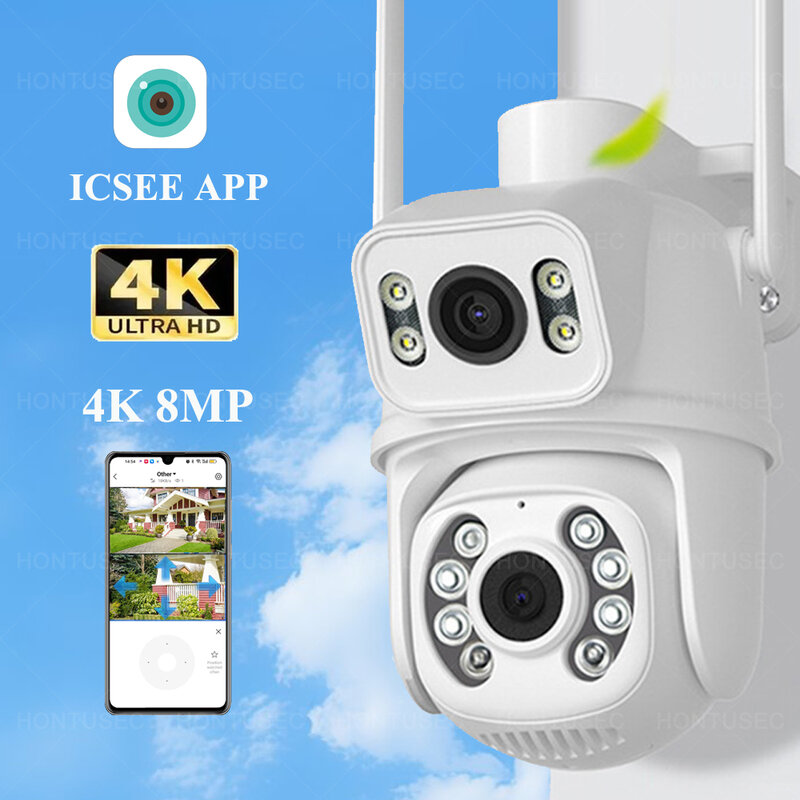 ICSEE 4K 8MP PTZ Wifi Camera Dual-Lens Dual-screen rilevamento umano visione notturna a colori telecamera di sorveglianza impermeabile esterna