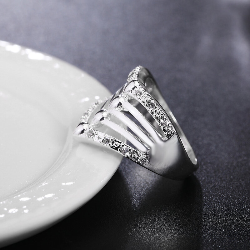 Cincin geometris lebar kristal halus perak Sterling 925 untuk wanita perhiasan hadiah Natal aksesori pesta pernikahan mode mewah