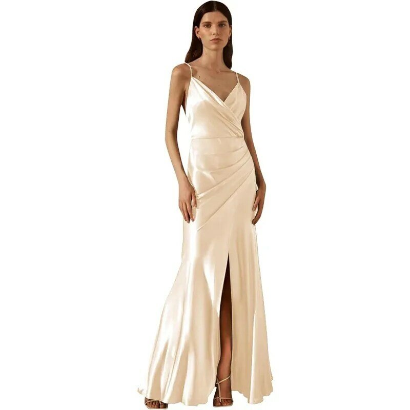 Wakuta gaun malam Formal leher V, gaun malam Formal berlipat tali Spaghetti pakaian pengiring pengantin putri duyung untuk wanita
