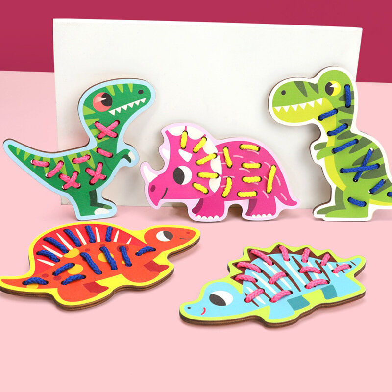 Montessori Wooden Animal Stringing Toy para crianças, Placa de rosqueamento de dinossauro, habilidades motoras finas, jogo de treinamento, brinquedos educativos