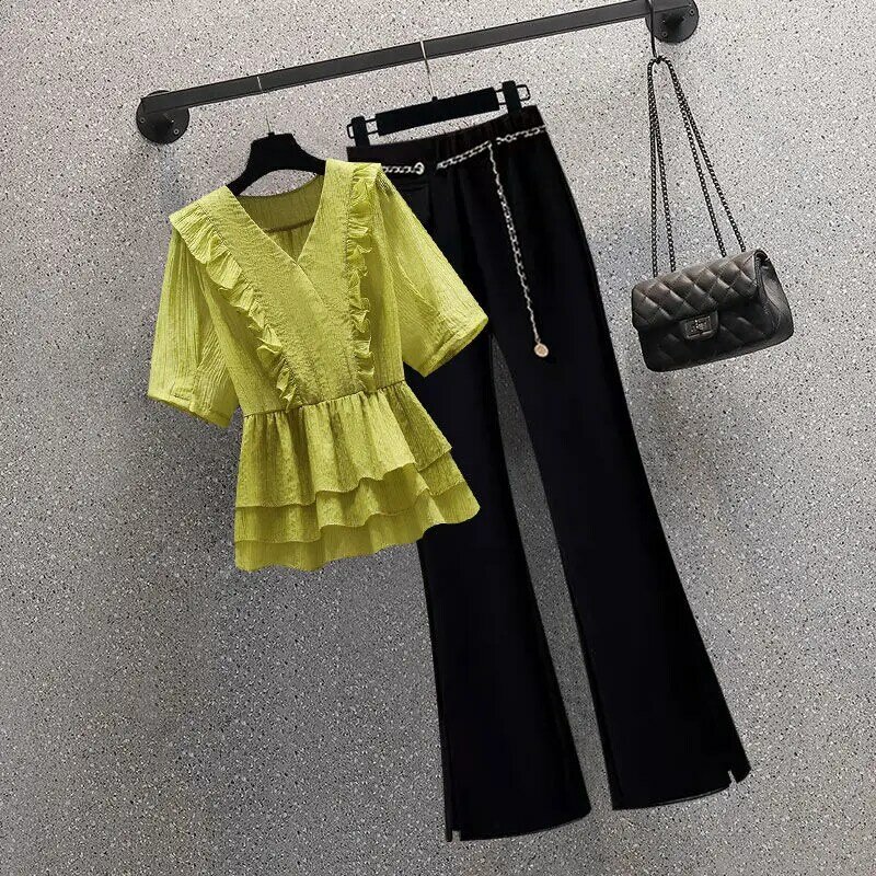 Модный женский комплект на весну и лето с модной рубашкой с оборками и V-образным вырезом и короткими рукавами, повседневные брюки, комплект из двух предметов