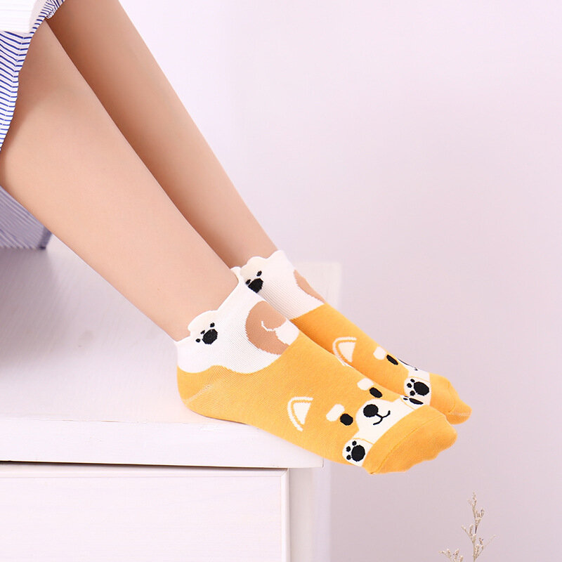 Calcetines de algodón con dibujos de animales para mujer, calcetín corto Kawaii de gato con perro, zapatillas informales suaves y divertidas, 5 pares