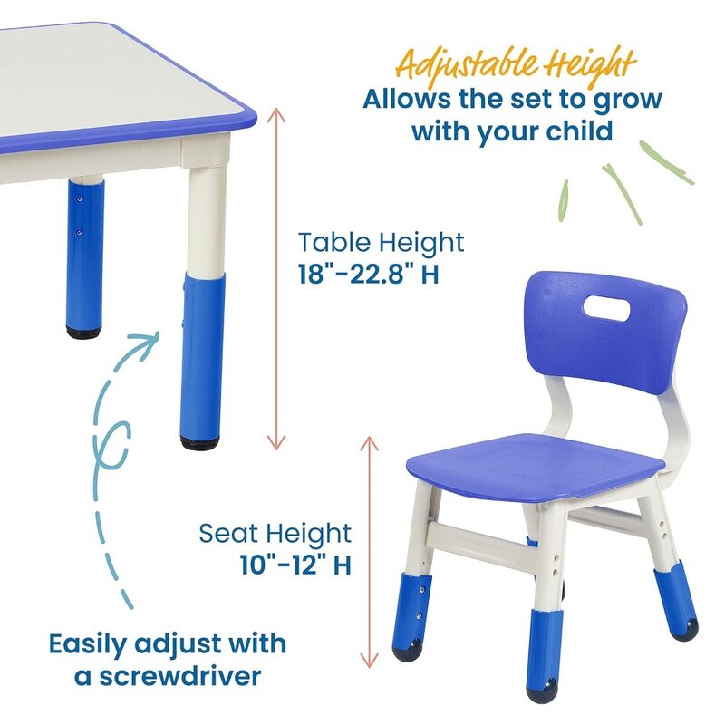 Stół dla dzieci, suchy kwadratowy stół do ćwiczeń, z 2 krzesłami, regulowany, meble dziecięce, niebieski, 3-częściowy zestaw stół i krzesło