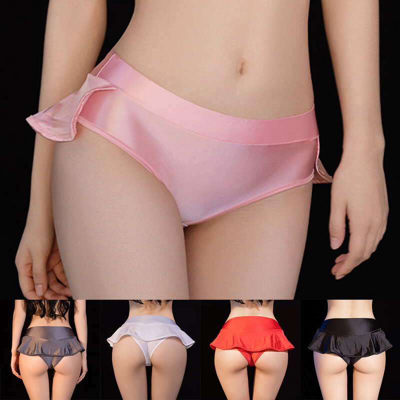 Women Glossy Briefs Smooth Underwear Female Dress Ruffle Panties Silky  Underpants Soft Lingerie Imitation Silk Satin Knickers