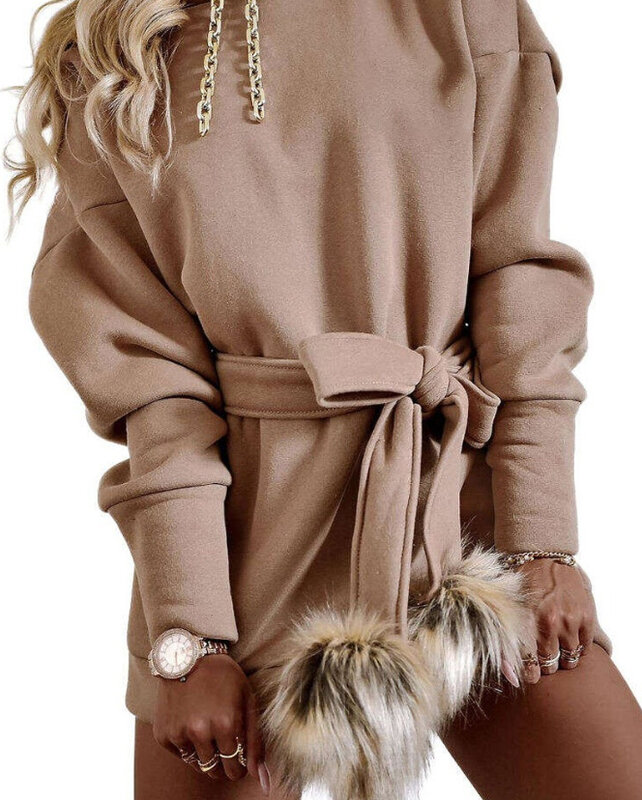 Female Clothing Dresses for Women 2023 Winter New Fashion Casual Daily Chain Design Hooded Pom Pom Tied Detail Sweatshirt Dress