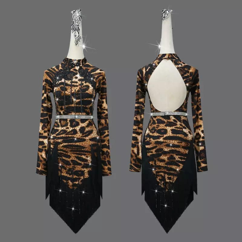 Robe de danse latine imprimé léopard pour femmes, vêtements de salle de Rhpour femmes, jupes de salsa pour adultes, costume de sport pratique, franges personnalisées, XL