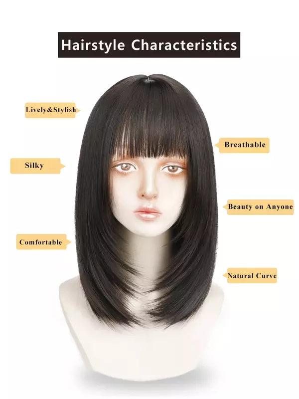 ALXNAN krótki peruki syntetyczne proste dla kobiet naturalny czarny Bob peruki z grzywką codzienny na imprezę Cosplay żaroodporny sztuczne włosy