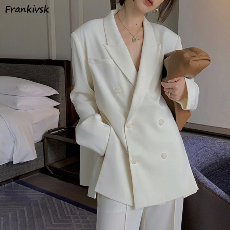 Women Blazers Solid Advanced Double Breasted Temperament Pockets Long Sleeve Korean Style Lady Leisure Classic Outwear Stylish