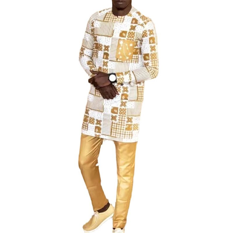 Men's chic casual white geometric print two-piece suit