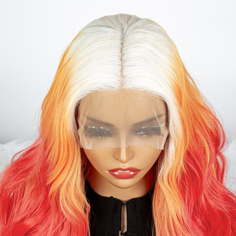 Red Lace Front Synthetic Hair Wigs with Body Wave Middle Part White Root Orange Wigs Women's Cosplay Wigs Heat Resistant 26Inch