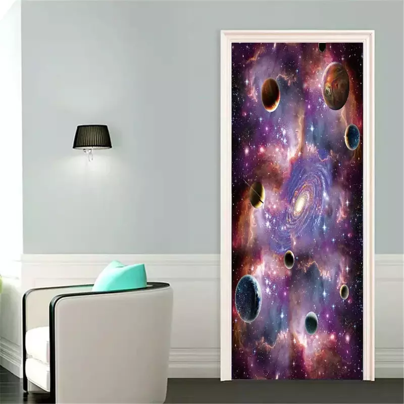 Alam semesta planet pintu Wallpaper galaksi kosmik langit berbintang pintu mural bersinar sistem surya stiker Poster untuk dekorasi rumah