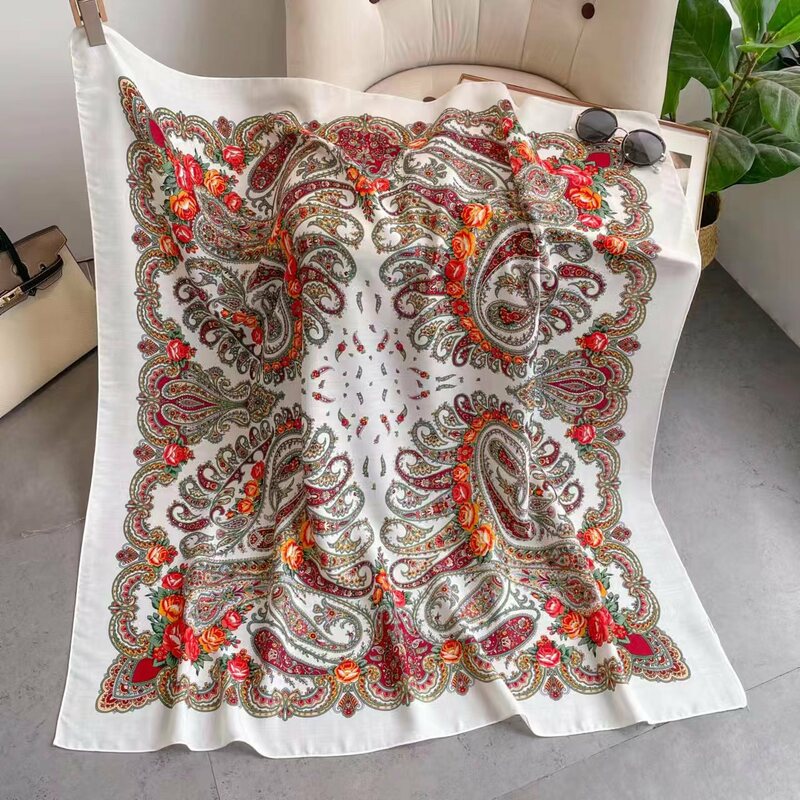 Foulard carré russe 110x110cm pour femmes, bandana imprimé floral de luxe, châle, 21ème, bandeau, ethnique, paisley