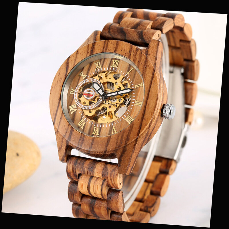 Jam tangan mekanis pria, arloji kayu modis tanpa baterai untuk gerakan mekanis tali kayu untuk Hari Ayah, ulang tahun