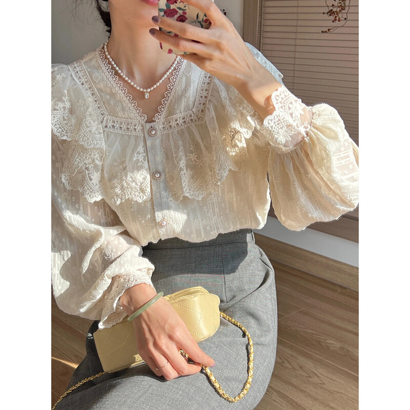 Vintage French Women Shirts Lace Lolita Elegant Long Sleeve Flounce Blouse High Quality Office Lady New Fashion Chic Female Tops