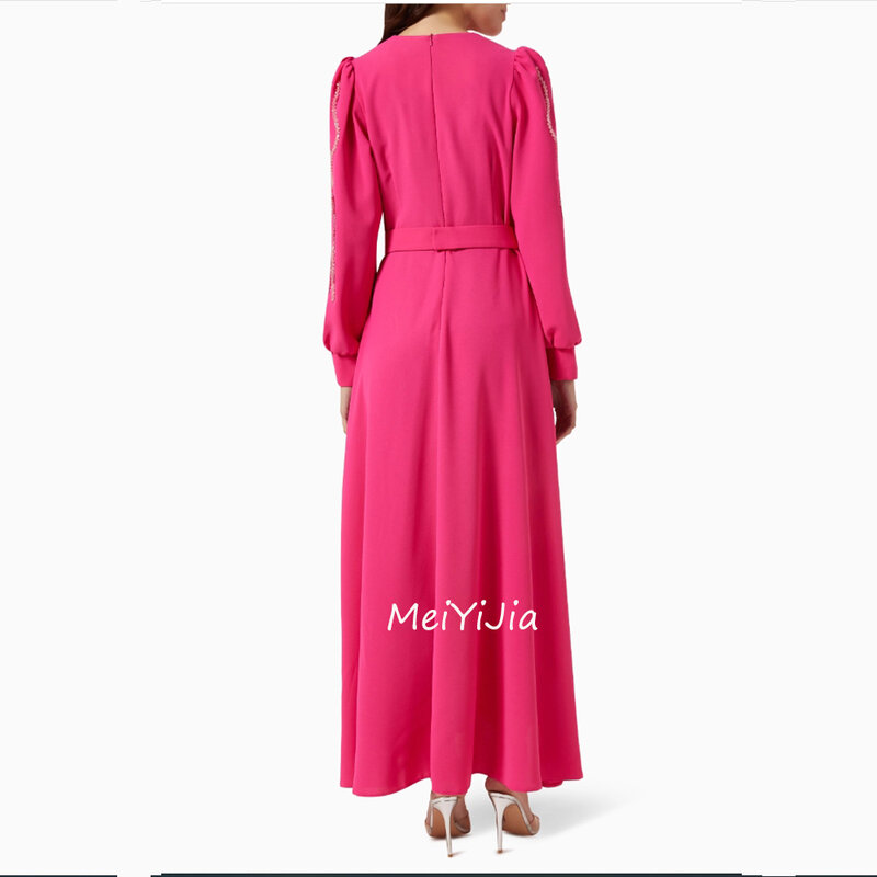Meiyijia-فستان سهرة بأكمام طويلة ، رقبة دائرية ، وشاح ، بطول الكاحل ، كشكشة ، المملكة العربية السعودية ، مثير ، ملابس نادي ، الصيف ،