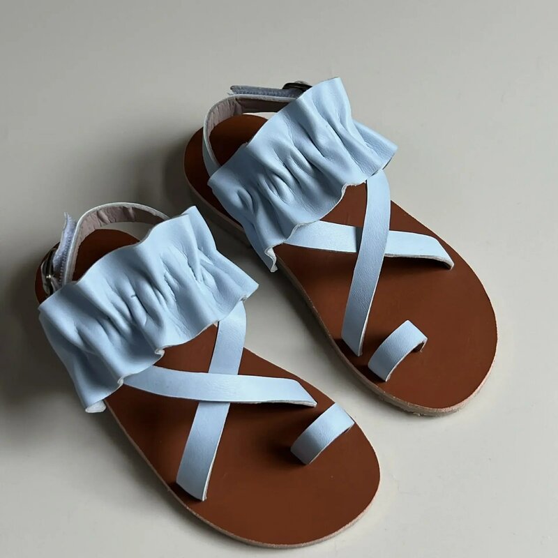Sandal jepit kulit asli anak perempuan, sepatu anak warna es krim lucu untuk liburan, sandal pantai anak perempuan musim panas