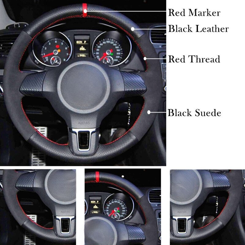 DIY czarne prawdziwa skóry zamszowe osłona na kierownicę do samochodu dla Volkswagen Golf 6 Mk6 VW Polo Jetta MK5 Sagitar Bora Santana