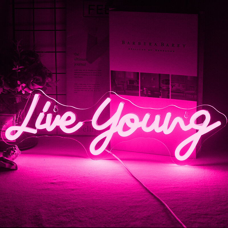 Live Young Neon Sigh Inspire Spirit Letter, LED Lights, Aesthetic Room Decor, Party Wedding Home Bar, Face Wall Art Lamp, Gift