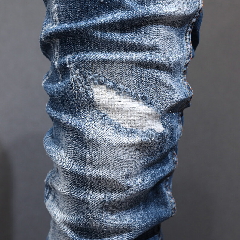 Calça Jeans rasgada com ajuste fino elástico masculino, estampada com calça jeans vintage, azul retrô, moda de rua, alta qualidade