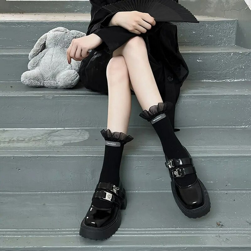 Kaus kaki tabung sedang kaus kaki gaya Harajuku Ruffle berenda kaus kaki wanita mode katun aksesori pakaian kaus kaki Lolita kaus kaki gaya Jepang
