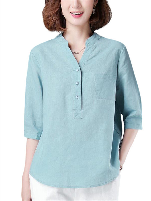 3XL Kemeja Blus Musim Semi Musim Panas Wanita Fashion Kasual Lengan Pendek Kerah V-Neck Atasan Blus Cetak Warna Solid G2507