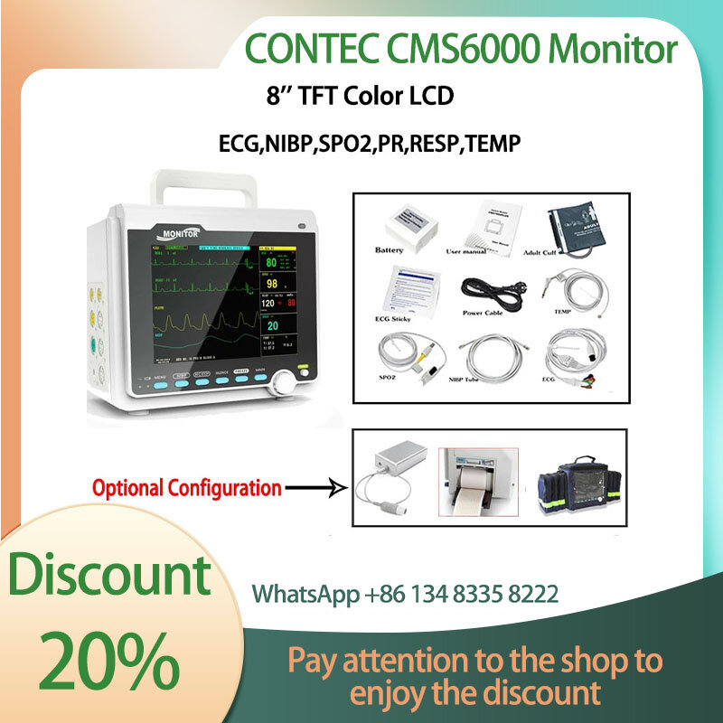 CONTEC-Monitor Portátil de Pacientes Neonatos para Adultos e Crianças, 6 Parâmetros, ECG, NIBP, RESP, SPO2, PR, TEMP, Sinais Vitais, CMS6000
