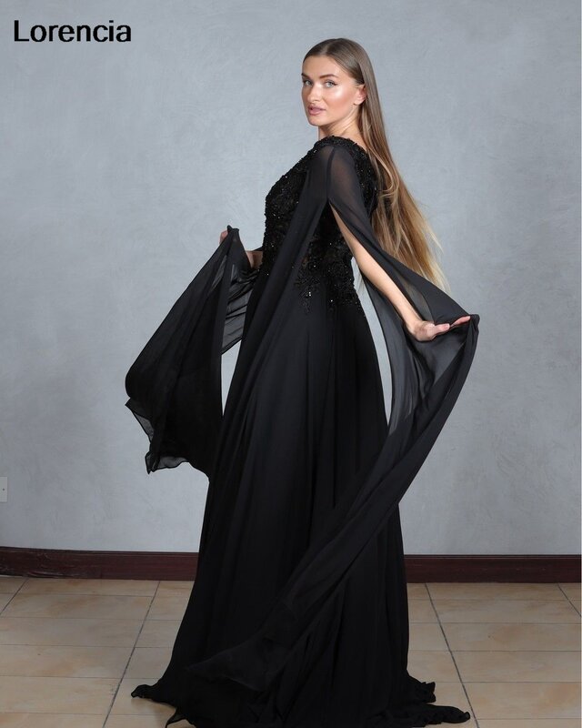 Lorencia-Vestido preto frisado com renda, vestidos de baile, mangas compridas, chiffon em V, ocasiões formais, vestido de festa, YED07
