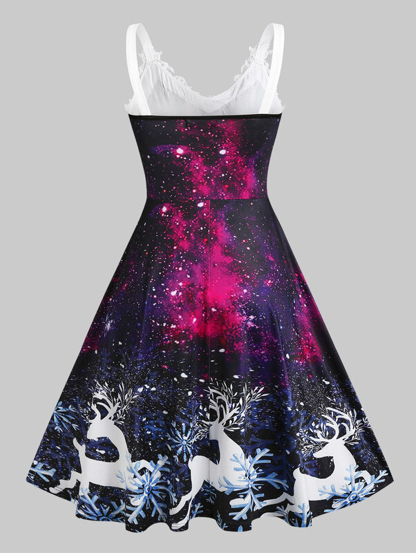 ROSEGAL 5XL Женские винтажные платья кружевные панели Лось печать 3D галактика рождественское платье люверсы смешанные Высокие Низкие Вечерние платья Vestido