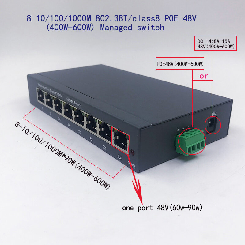 8-portowy 100/1000M POE 48V(400W-600W) 802.3BT class8(90W.8) zarządzalny przełącznik