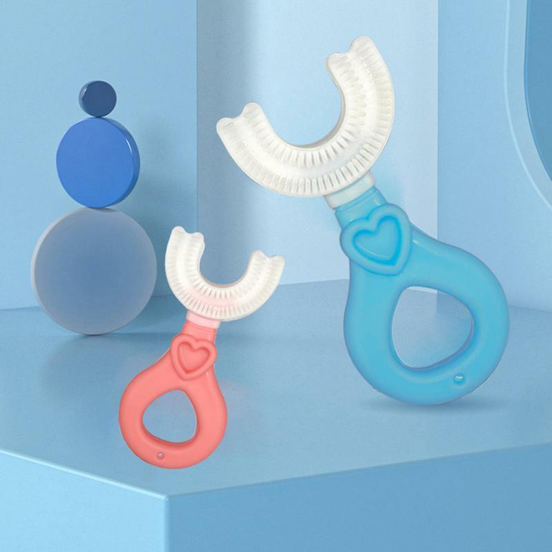 Cepillo de dientes en forma de U, 2 piezas, boca entera, cabeza de silicona de grado alimenticio, entrenamiento Manual, medio círculo, 360